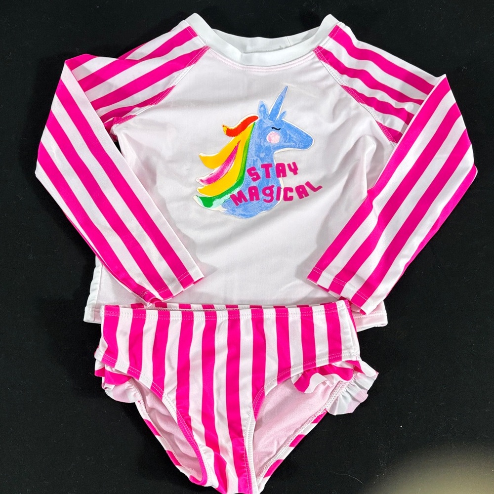crown & ivy Girls White and Hot Pink Unicorn Rashguard Swim Set